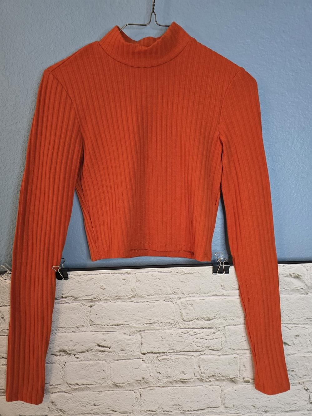 H&M Ribbed Mock Neck Long Sleeve Crop Top - Orange Sz XS